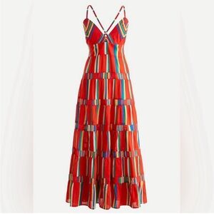 J Crew Striped Tiered Cotton Voile Maxi Dress Red Stripe Multi Cross Strap